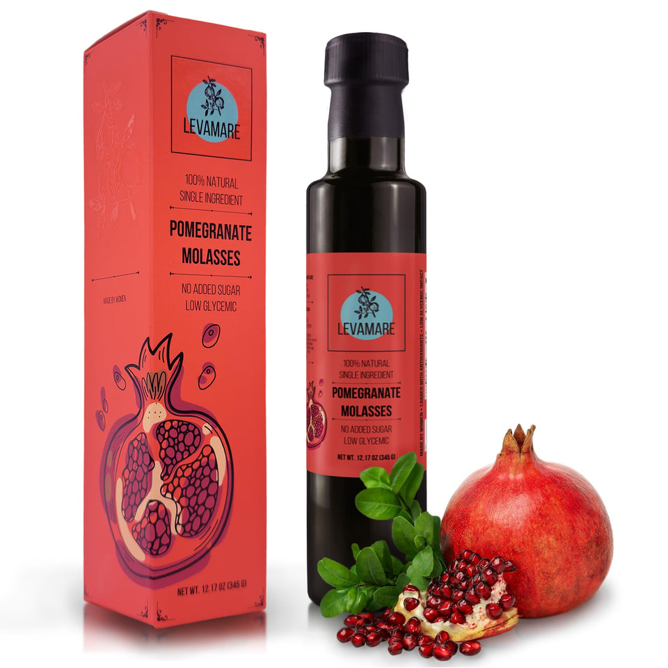 Levamare pomegranate molasses bottle front, showcasing pure concentrate for authentic Mediterranean flavors.