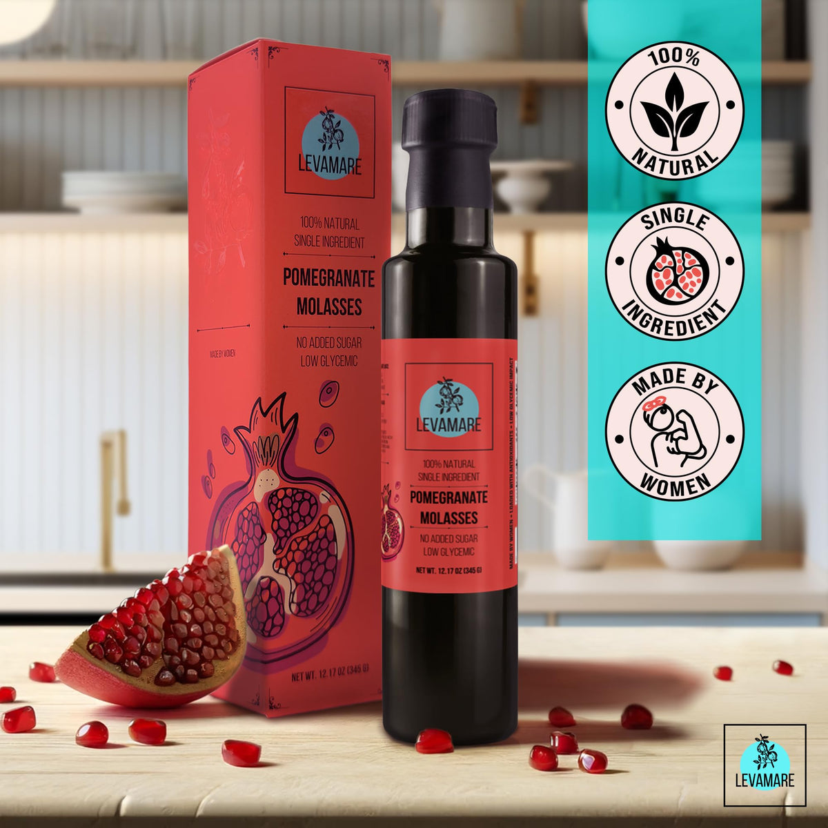 Levamare pomegranate molasses ingredients label close-up, emphasizing 100% natural single ingredient.