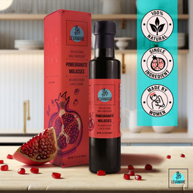 Levamare pomegranate molasses ingredients label close-up, emphasizing 100% natural single ingredient.