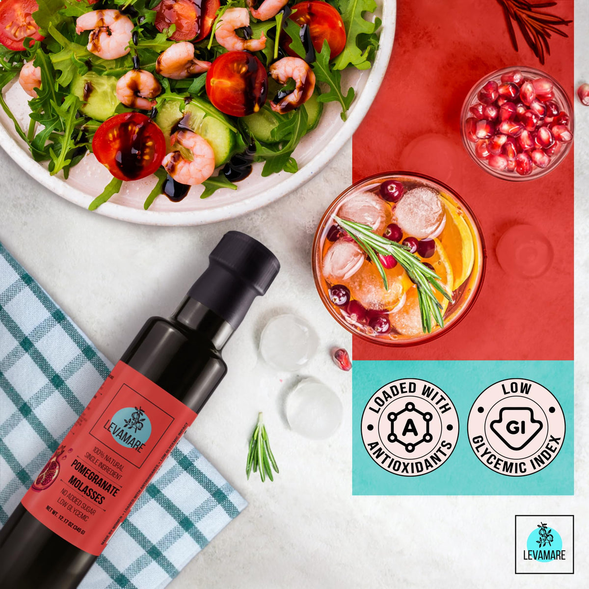 Levamare pomegranate molasses kitchen setup, suggesting versatile use in grills and salads.