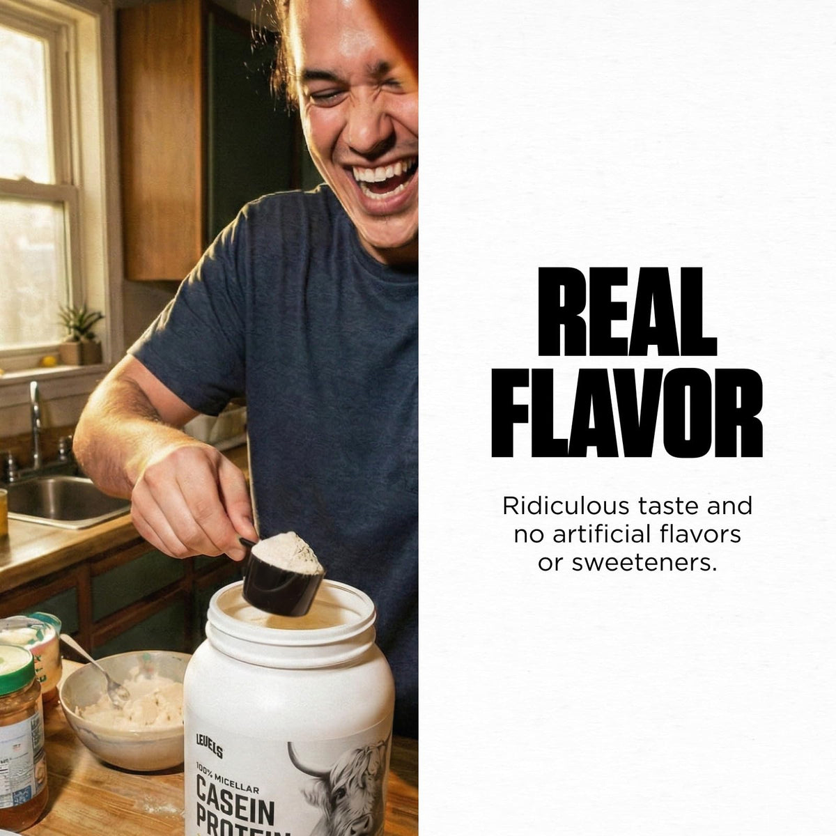 Hormone-free dairy badge on Levels Casein packaging