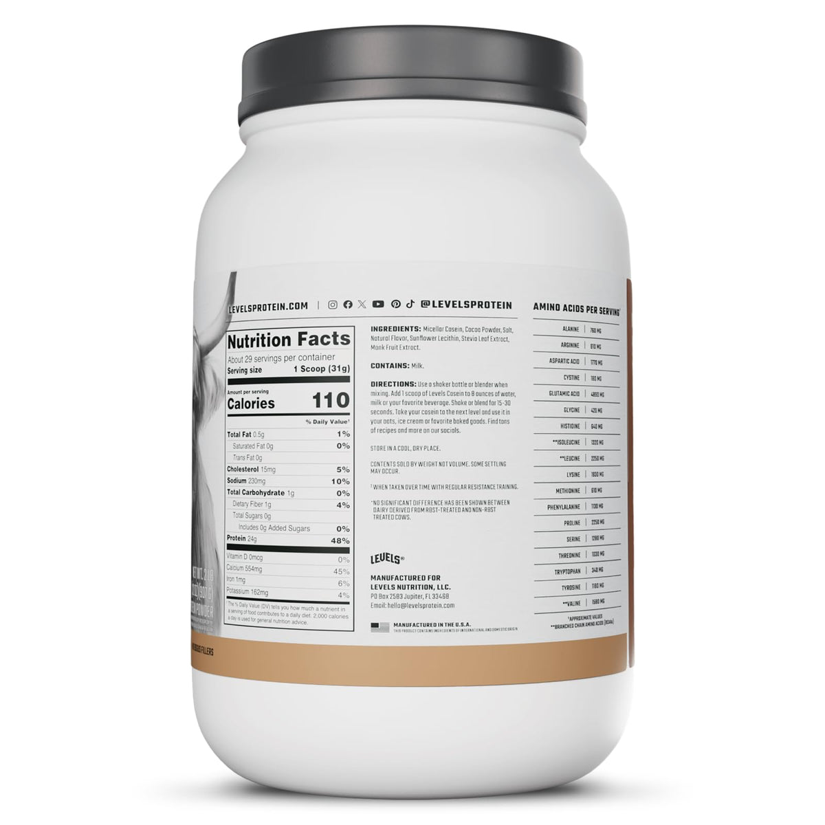 Made in USA badge on Levels Casein container