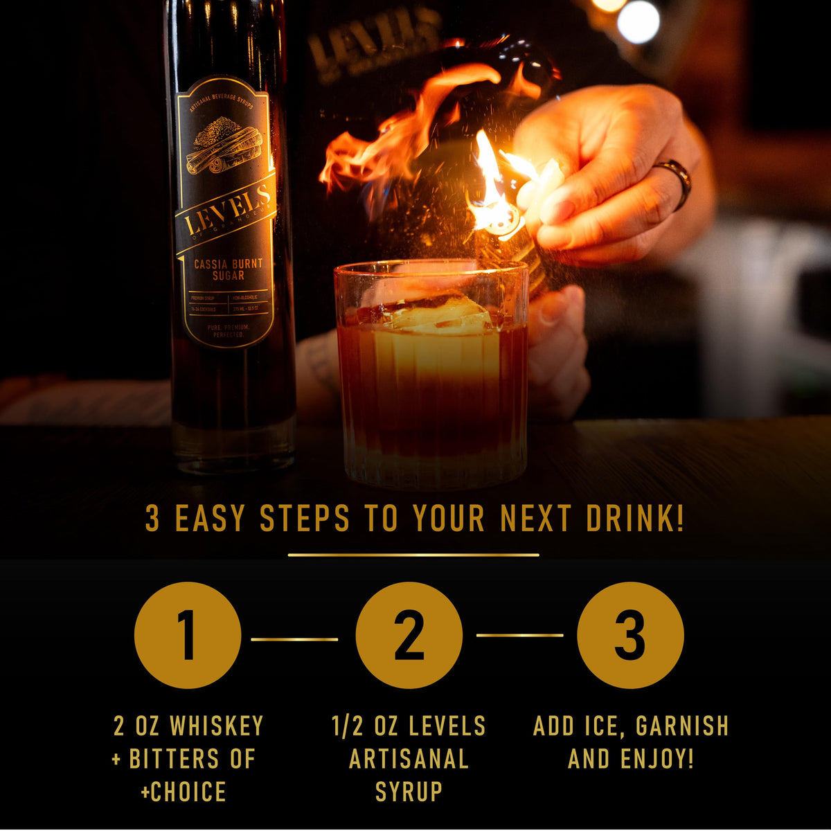Levels of Grandeur old-fashioned cocktail syrup bottle elevates bourbon with caramelized notes.