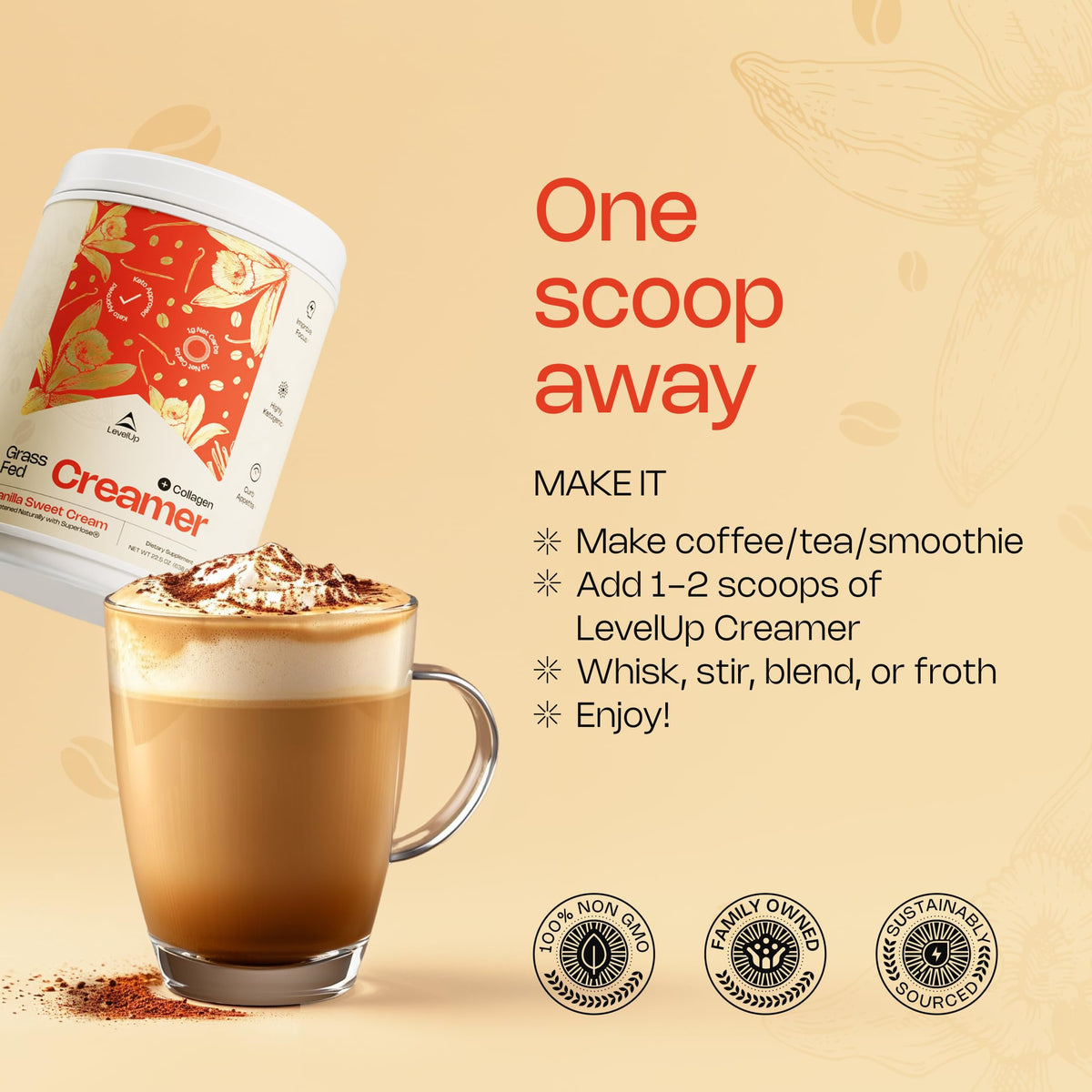 LevelUp Creamer jar shown with recipe ideas for keto desserts.