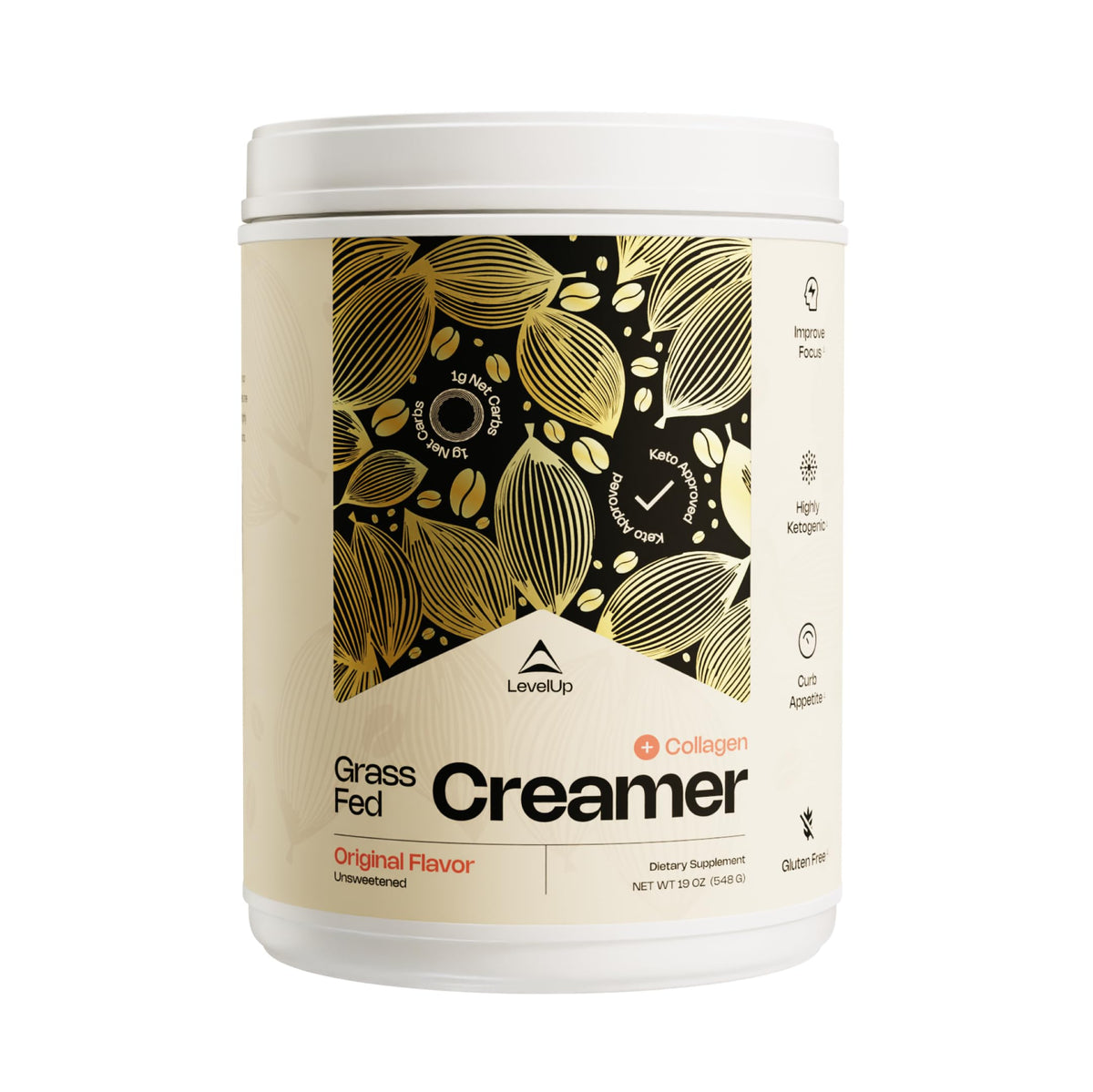 LevelUp Creamer bottle showing energizing MCT oil for morning energy