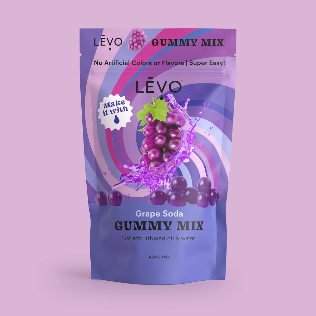 LEVO infusion process imagery highlights transforming oils into tasty gummies.
