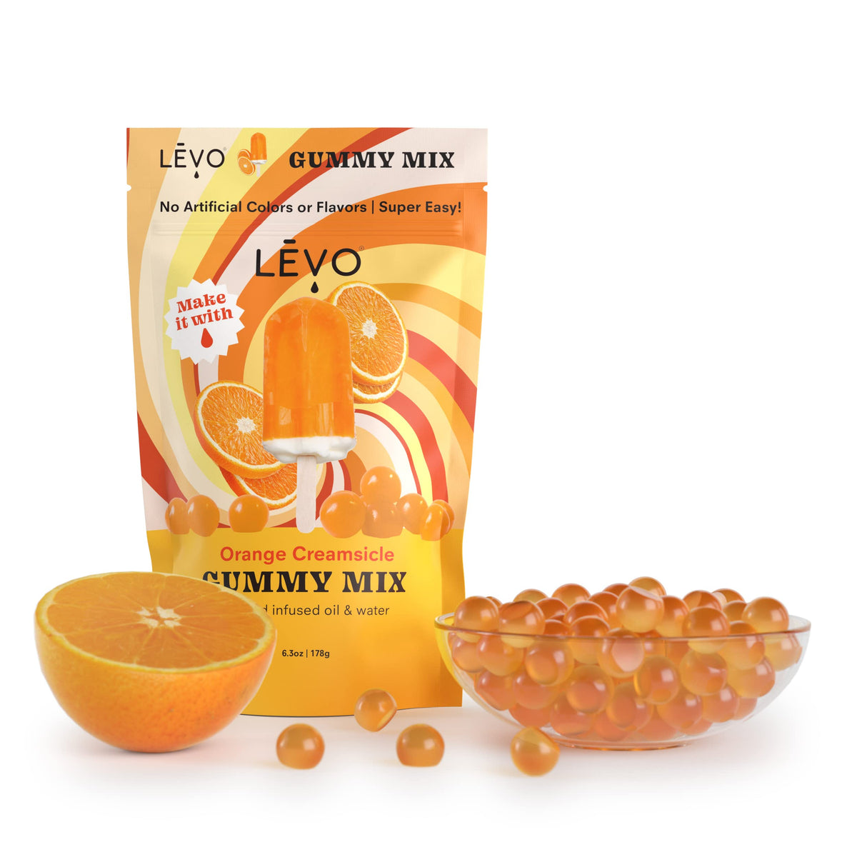LEVO Gummy Mix Orange Creamsicle package front displaying natural flavors for DIY gummies