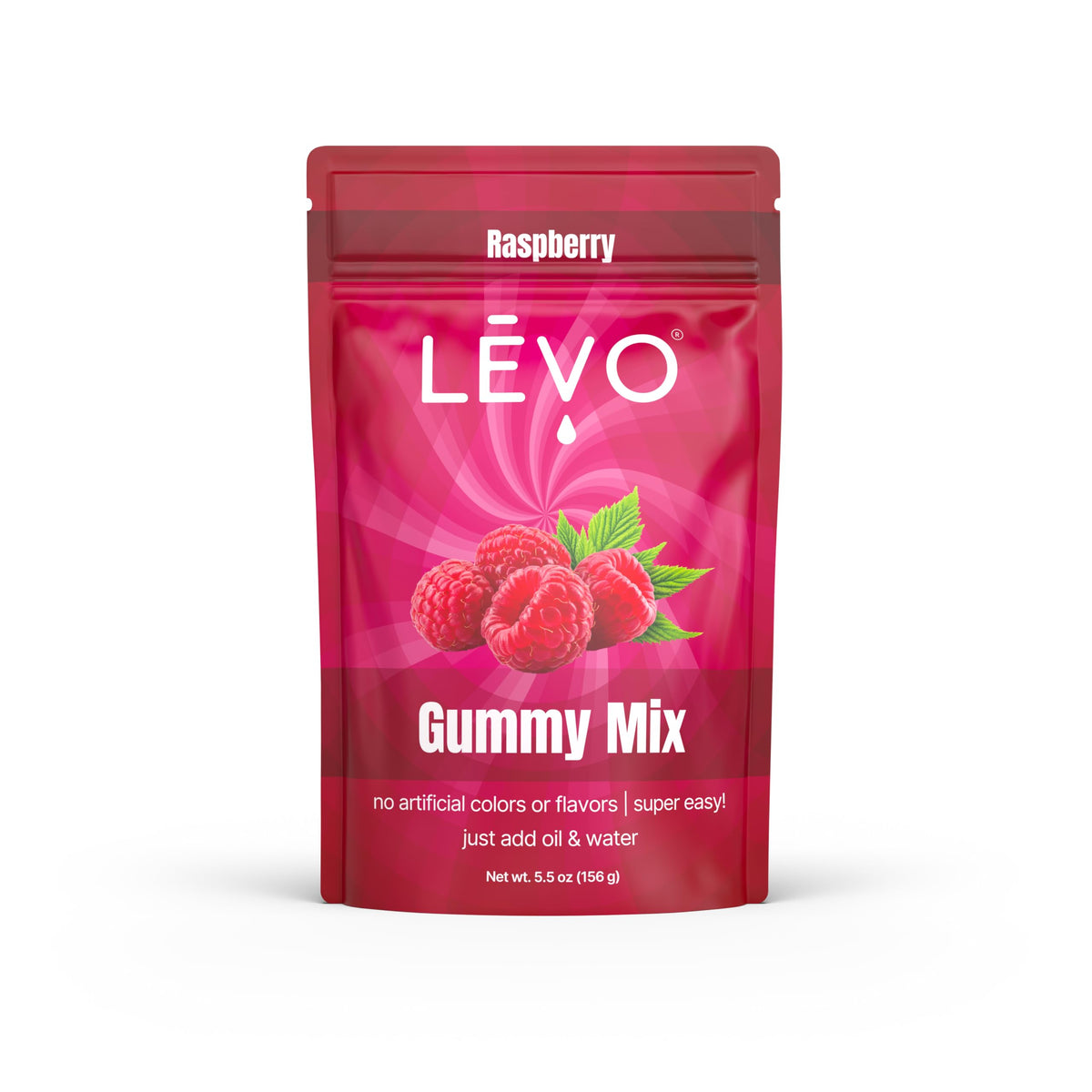 LEVO Gummy Mix Raspberry packaging highlights a convenient DIY flavor option for custom treats.