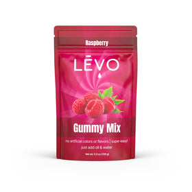 LEVO Gummy Mix Raspberry packaging highlights a convenient DIY flavor option for custom treats.