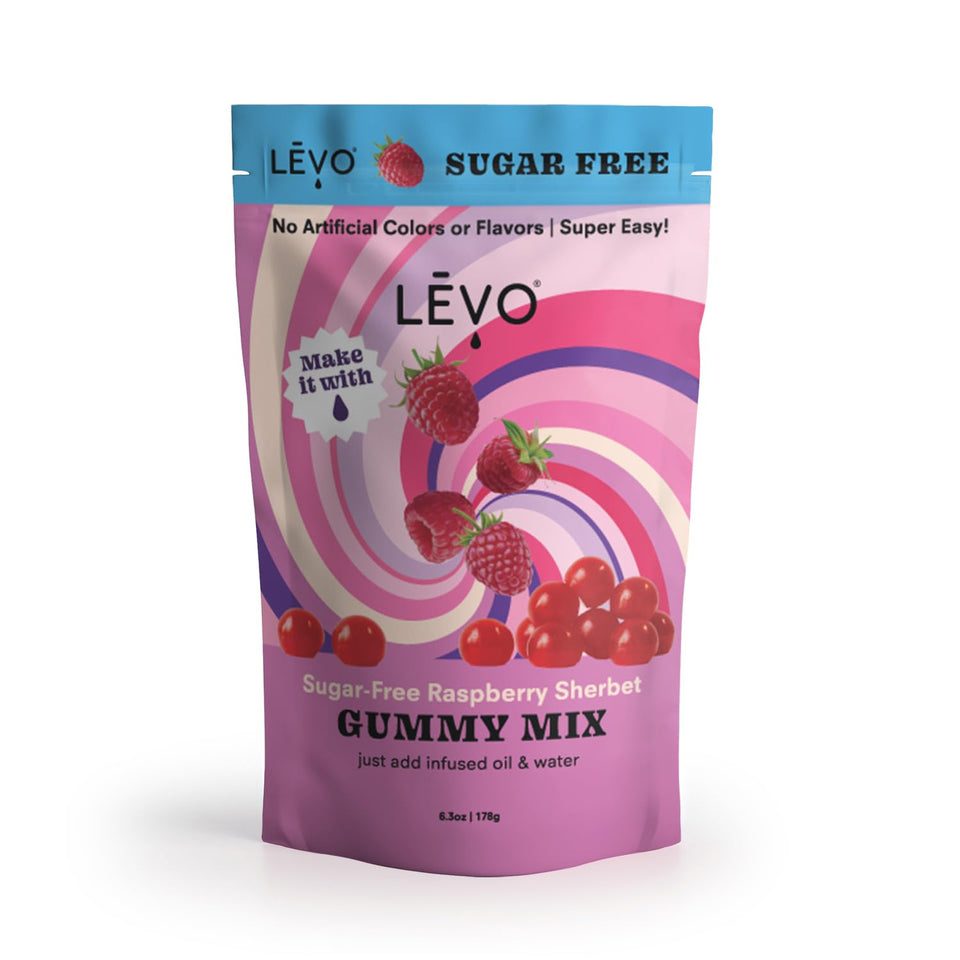 LEVO Gummy Mix Raspberry Sherbet pack showcases a sugar-free flavor for homemade gummies.