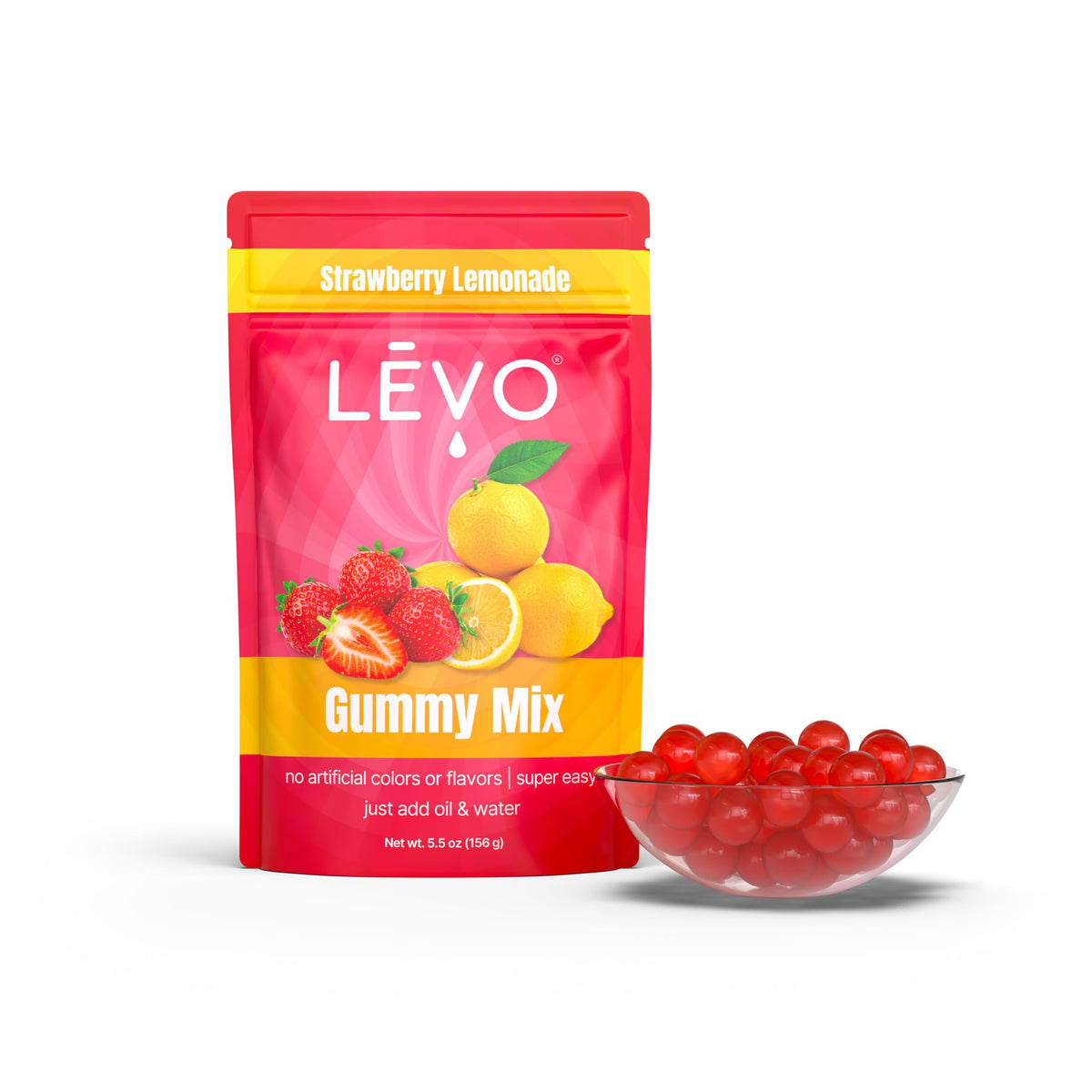 LEVO Gummy Mix Strawberry Lemonade bowl shows flavor-packed gummies at home.