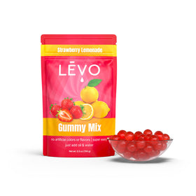 LEVO Gummy Mix Strawberry Lemonade bowl shows flavor-packed gummies at home.