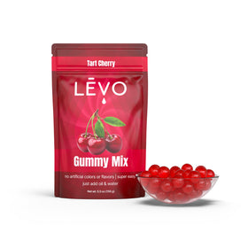 LEVO Gummy Mix Tart Cherry bag shows DIY flavor potential for 64 gummies.