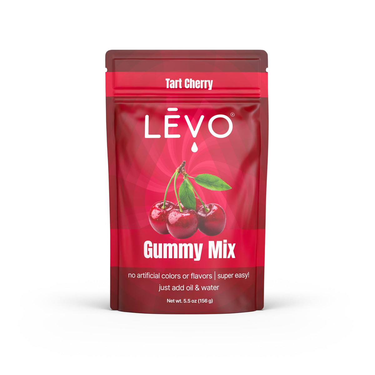 LEVO Gummy Mix Tart Cherry being poured for customizable gummies.