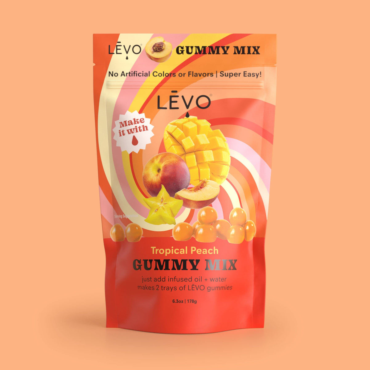 LEVO Gummy Mix Tropical Peach in a bowl with water ready to simmer
