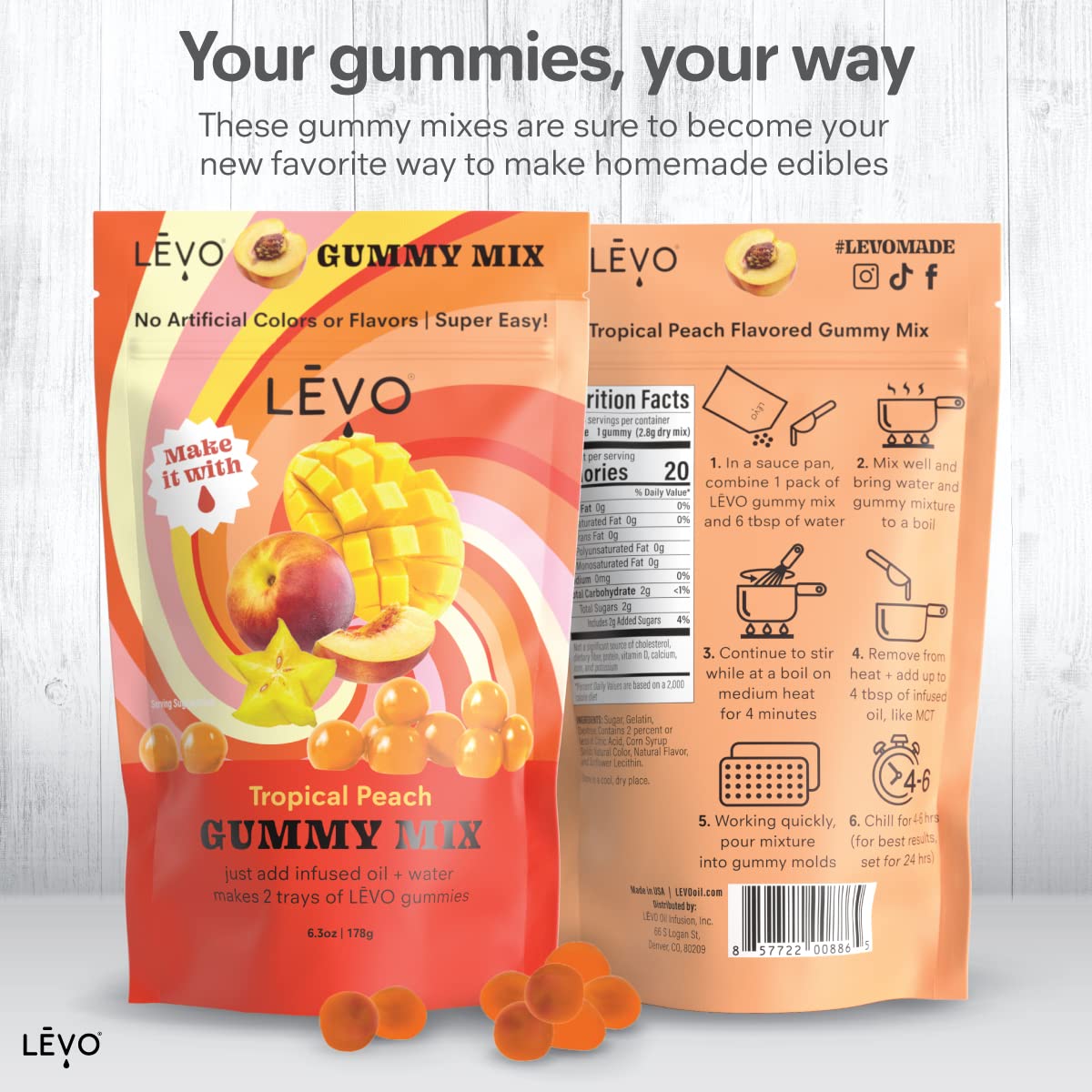 LEVO Gummy Mix Tropical Peach gummies plated for a snack