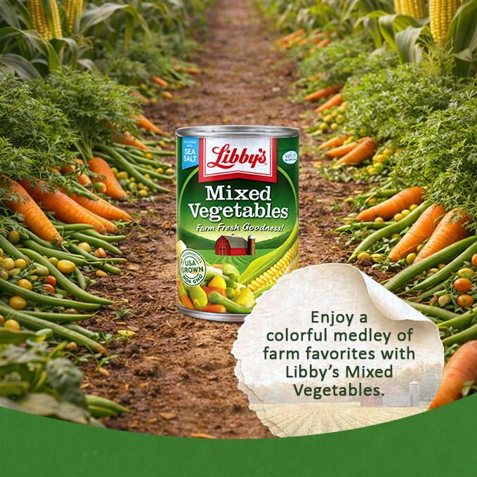 Libby's Mixed Vegetables nutrition label emphasizes seven-vegetable mix and simple ingredients.