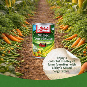 Libby's Mixed Vegetables nutrition label emphasizes seven-vegetable mix and simple ingredients.