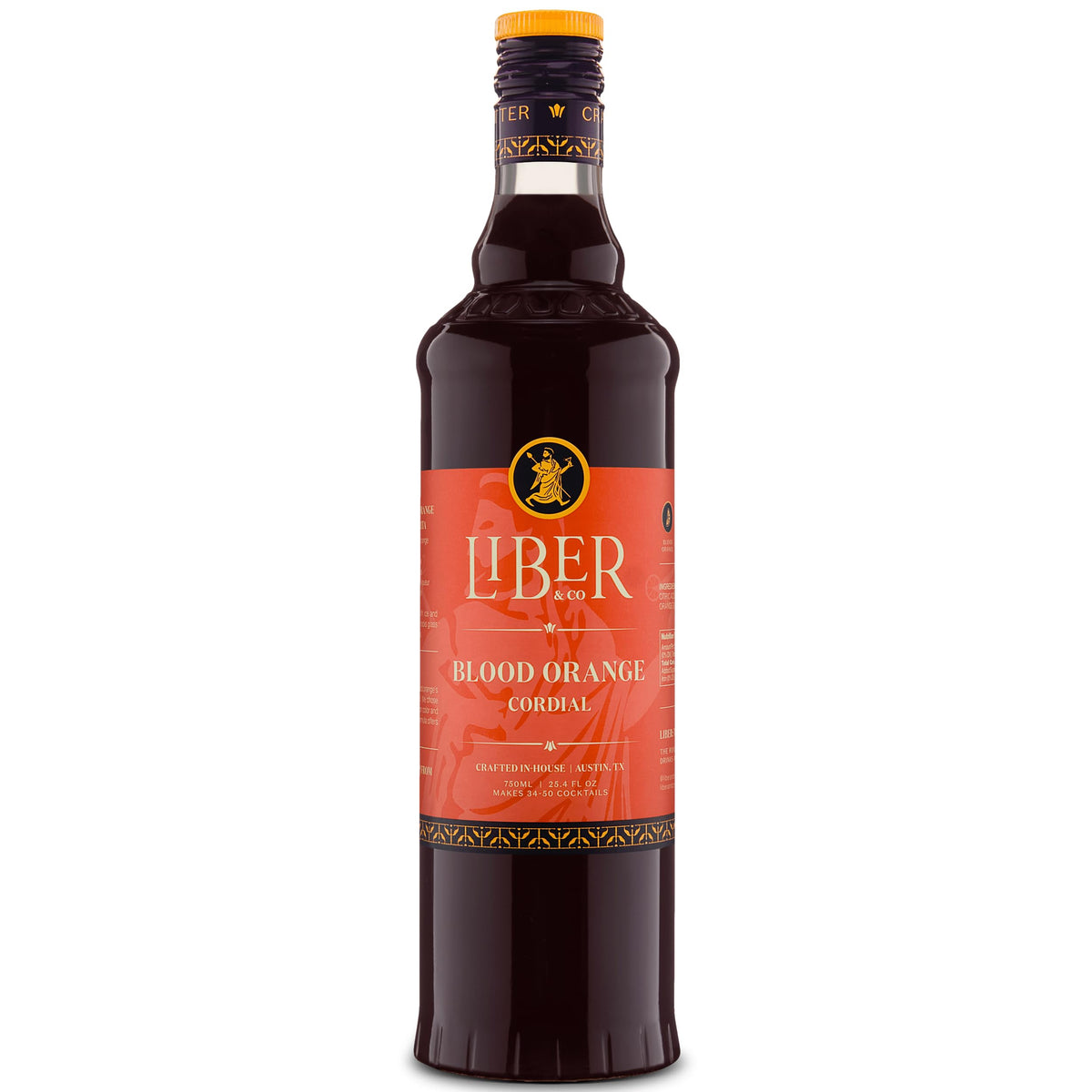 Liber & Co. Blood Orange Syrup bottle label highlighting premium citrus flavor for cocktails.
