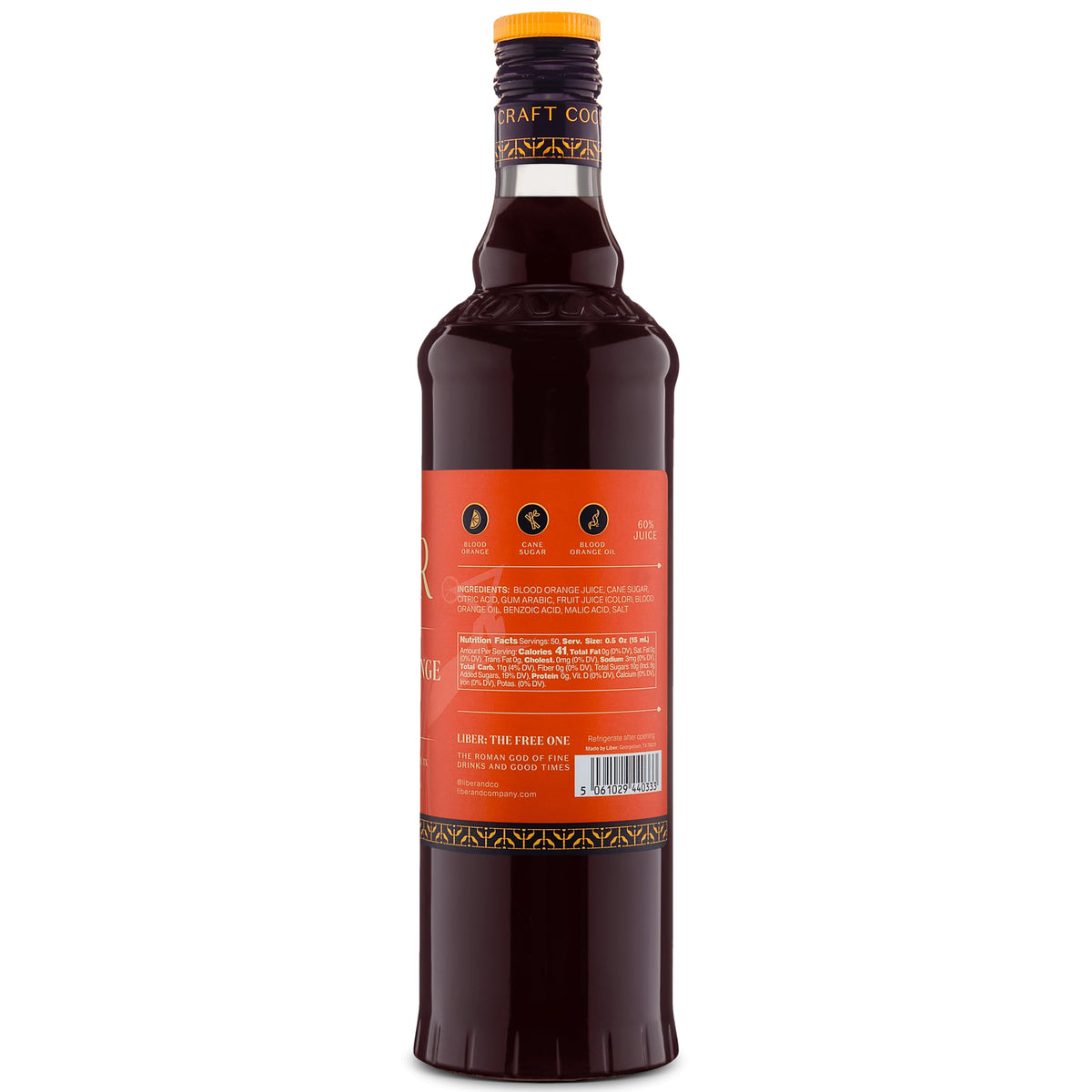 Liber & Co. Blood Orange Syrup bottle on display showcasing craft ingredients.