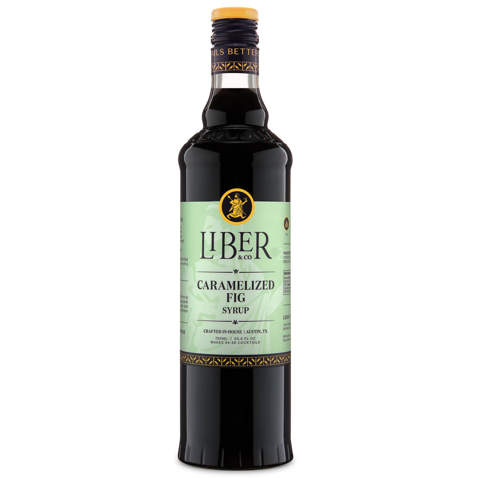 Liber & Co. caramelized fig syrup bottle with rich amber color for cocktails.
