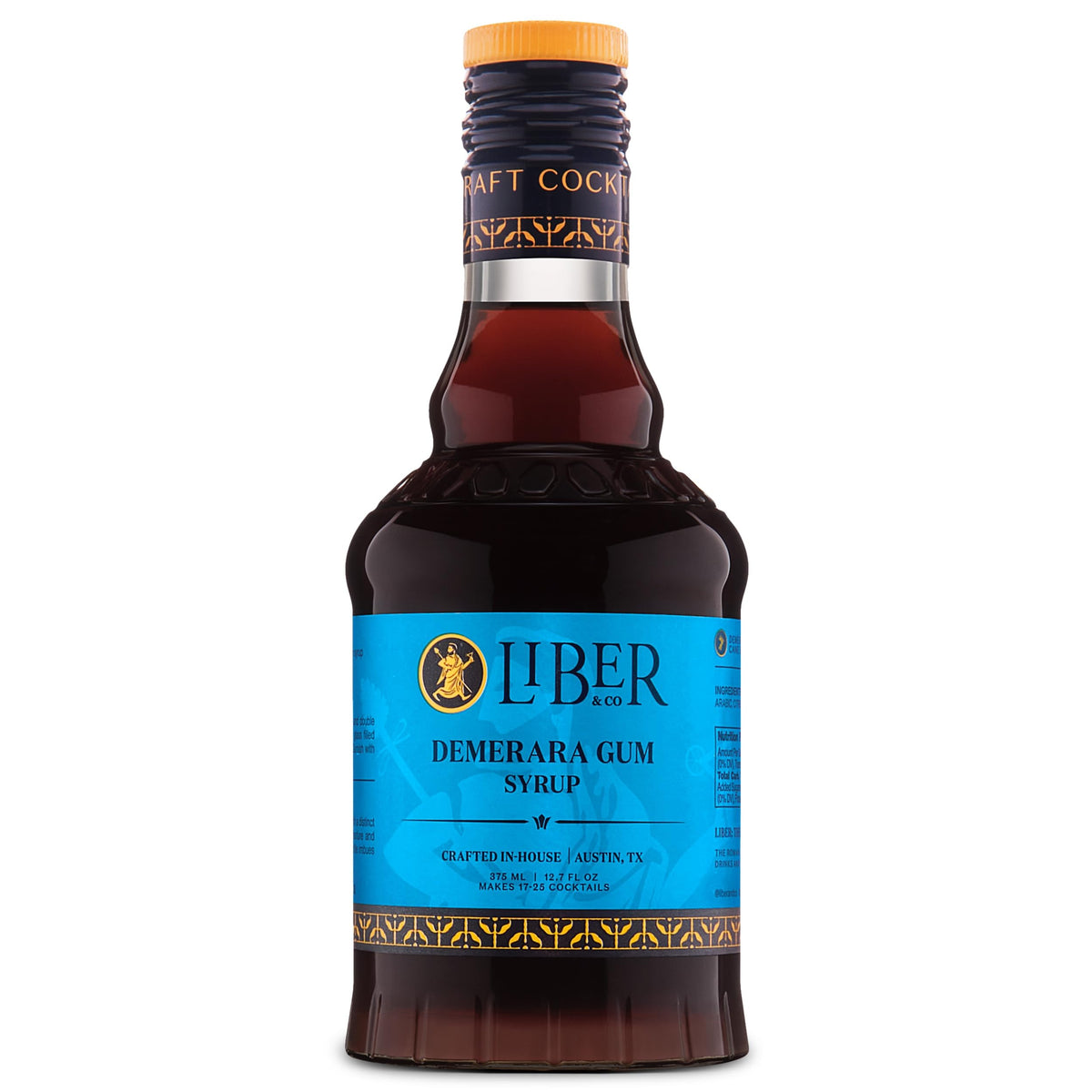 Liber & Co. Demerara Gum Syrup bottle front shows rich color for cocktails.
