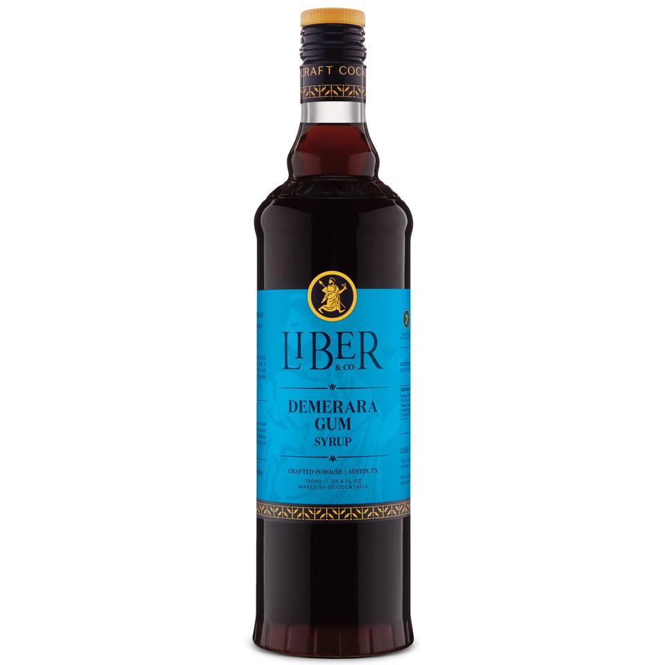 Liber & Co. Demerara Gum Syrup bottle front showing premium ingredients for rich cocktails.