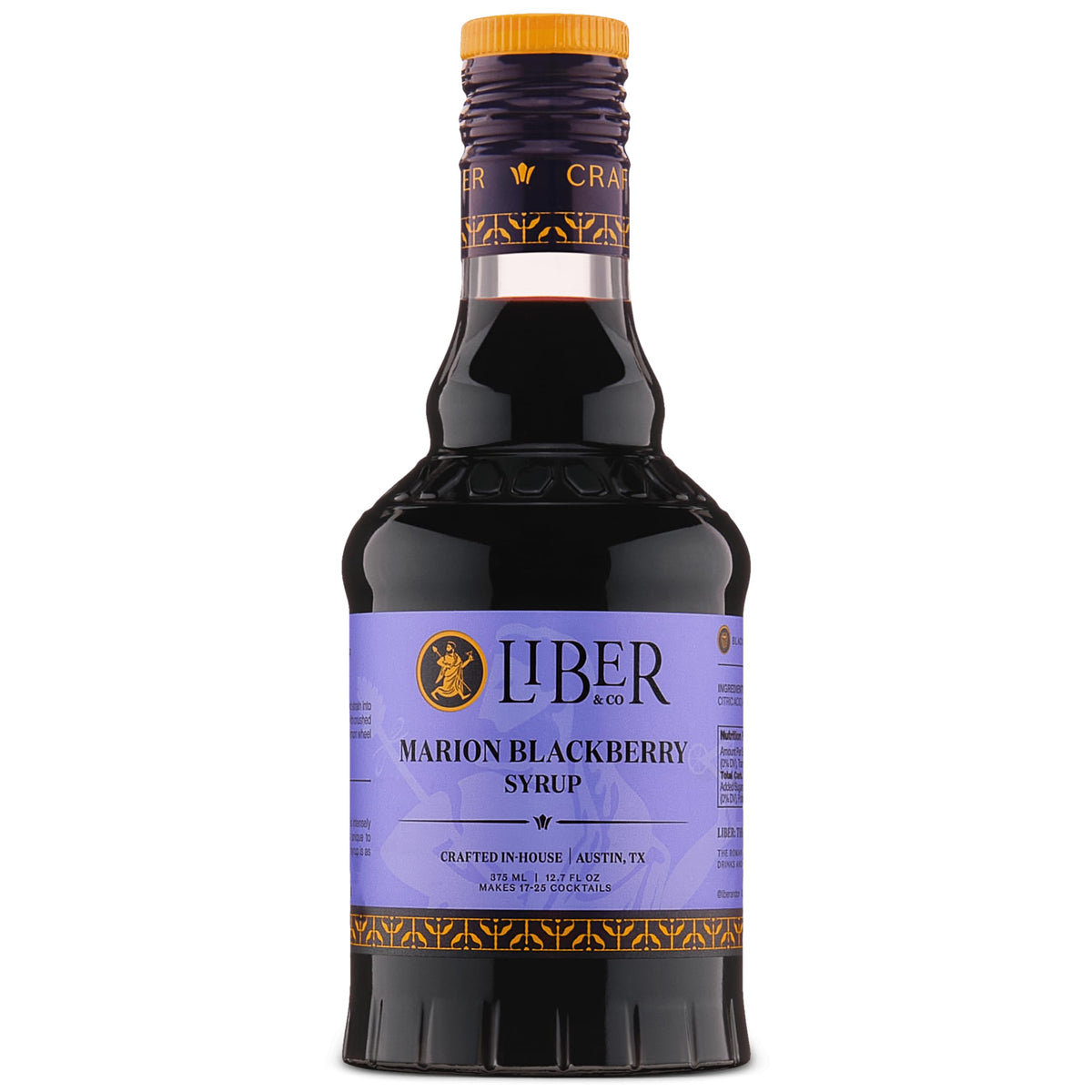 Liber & Co. Marion Blackberry Syrup bottle on bar, ready for cocktails.