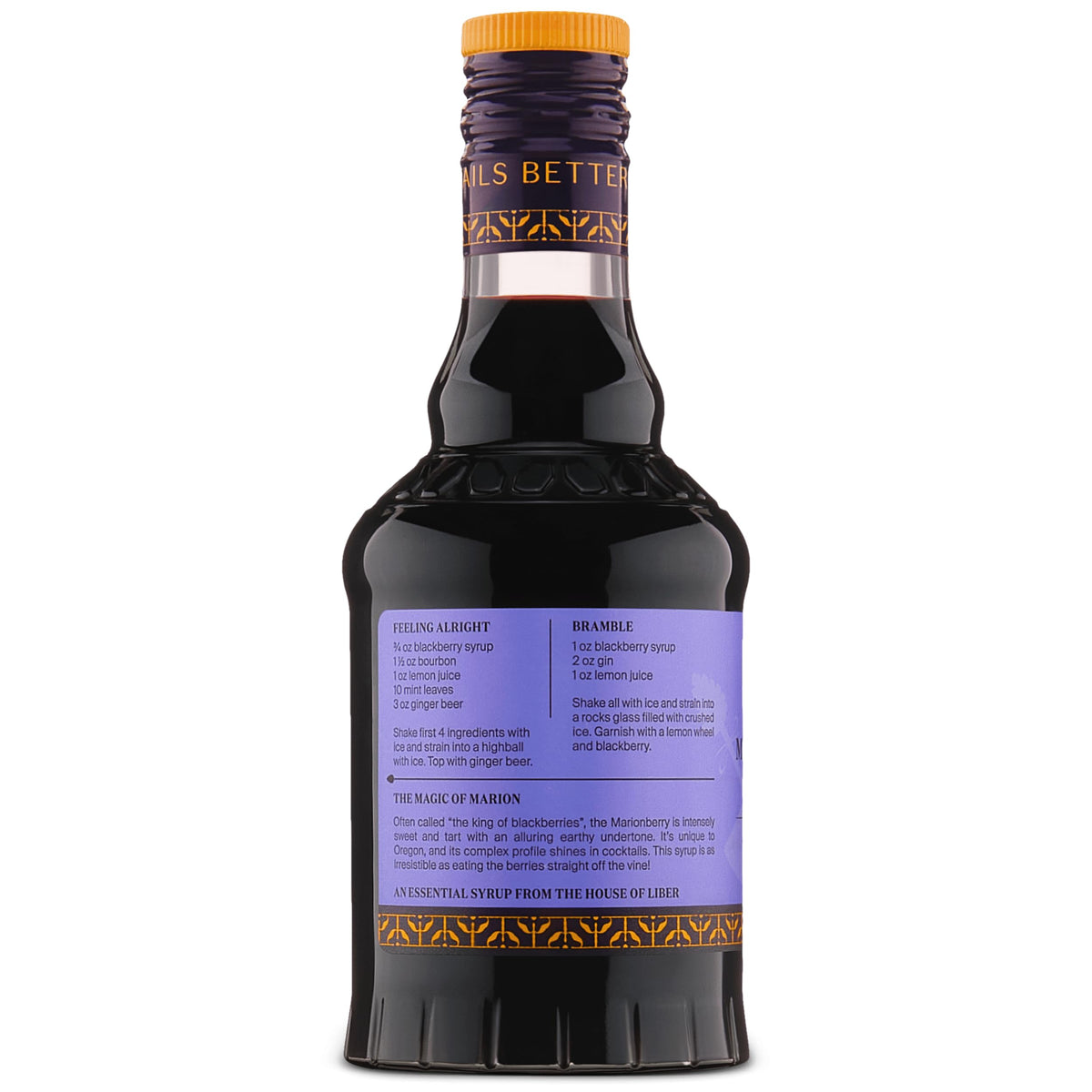 Liber & Co. Marion Blackberry Syrup bottle label highlighting 55% juice content.