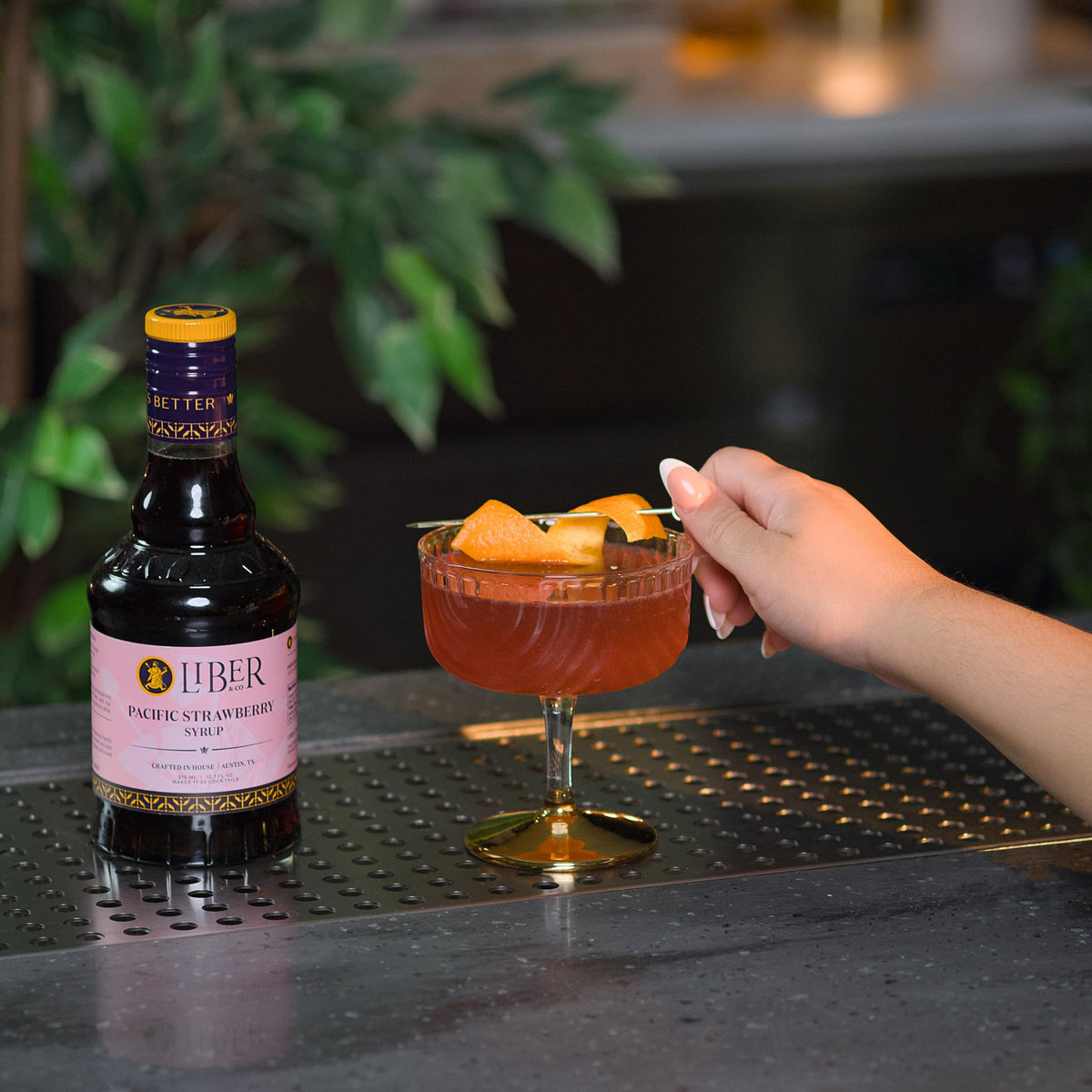 Liber & Co. Pacific Strawberry Syrup bottle highlights 60% juice for bold flavor.