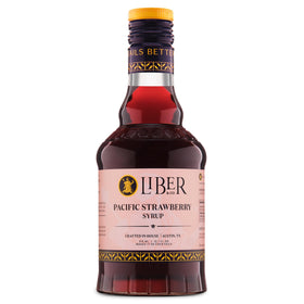 Liber & Co. Pacific Strawberry Syrup bottle—premium juice for vibrant cocktails.