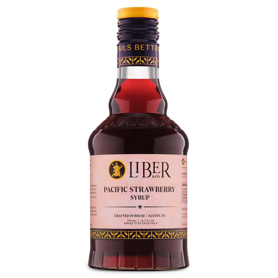 Liber & Co. Pacific Strawberry Syrup bottle—premium juice for vibrant cocktails.