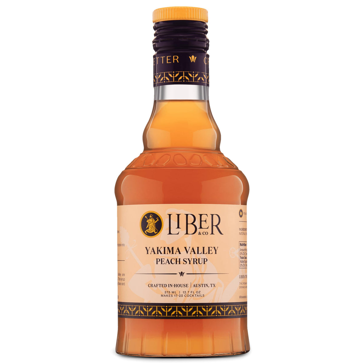 Liber & Co. Peach Syrup bottle showcases 60% peach juice for cocktails.