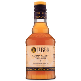 Liber & Co. Peach Syrup bottle showcases 60% peach juice for cocktails.