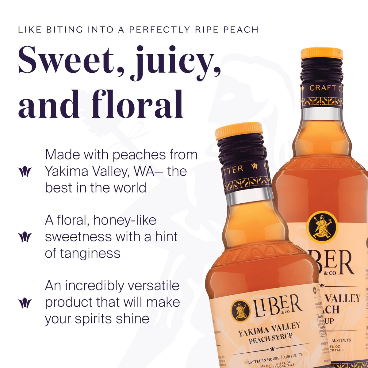 Liber & Co. Peach Syrup being poured to highlight fresh cold-pressed juice.