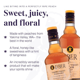 Liber & Co. Peach Syrup being poured to highlight fresh cold-pressed juice.