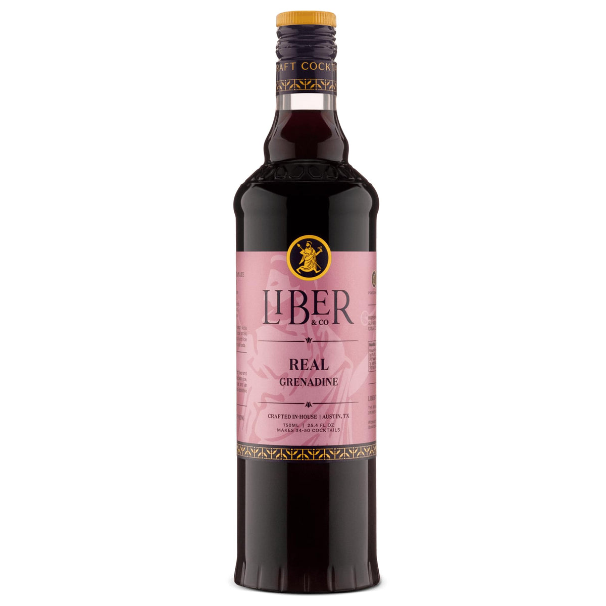 Liber & Co. Real Grenadine bottle closeup showing rich color and natural ingredients.