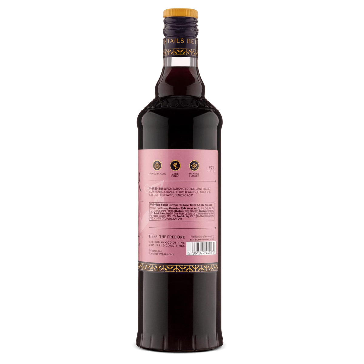 Liber & Co. Real Grenadine ingredients list featuring pomegranate juice and orange blossom water.