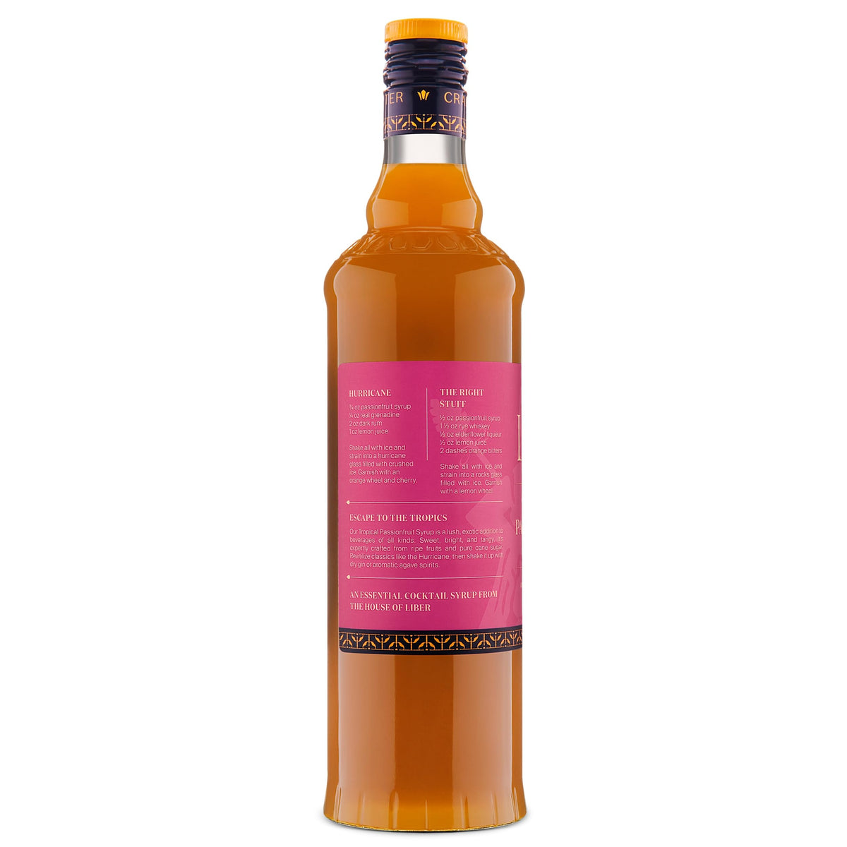 Back label of Liber & Co Tropical Passion Fruit Syrup bottle showing size and usage notes.