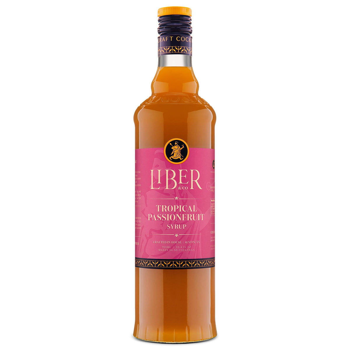 Liber & Co Tropical Passion Fruit Syrup bottle ready for craft cocktails and tropical flavor.