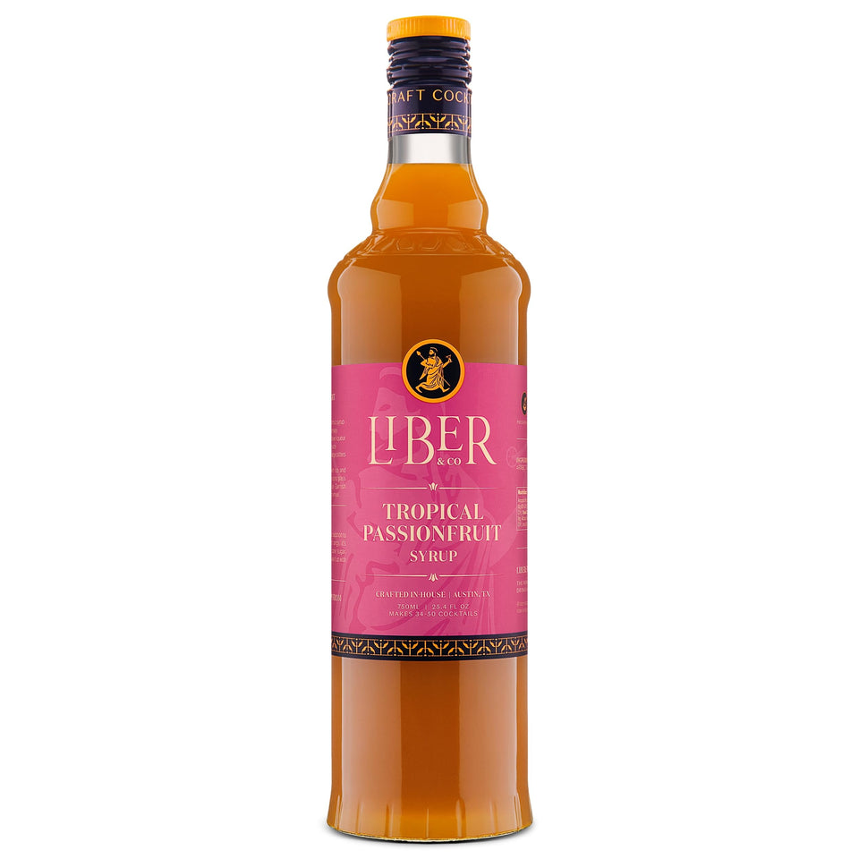 Liber & Co Tropical Passion Fruit Syrup bottle ready for craft cocktails and tropical flavor.
