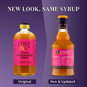 Ingredients panel on Liber & Co bottle highlighting real fruit flavor for drinks.