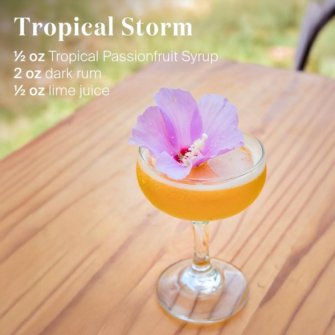 Close up of Liber & Co Tropical Passion Fruit Syrup label showing real juice content.