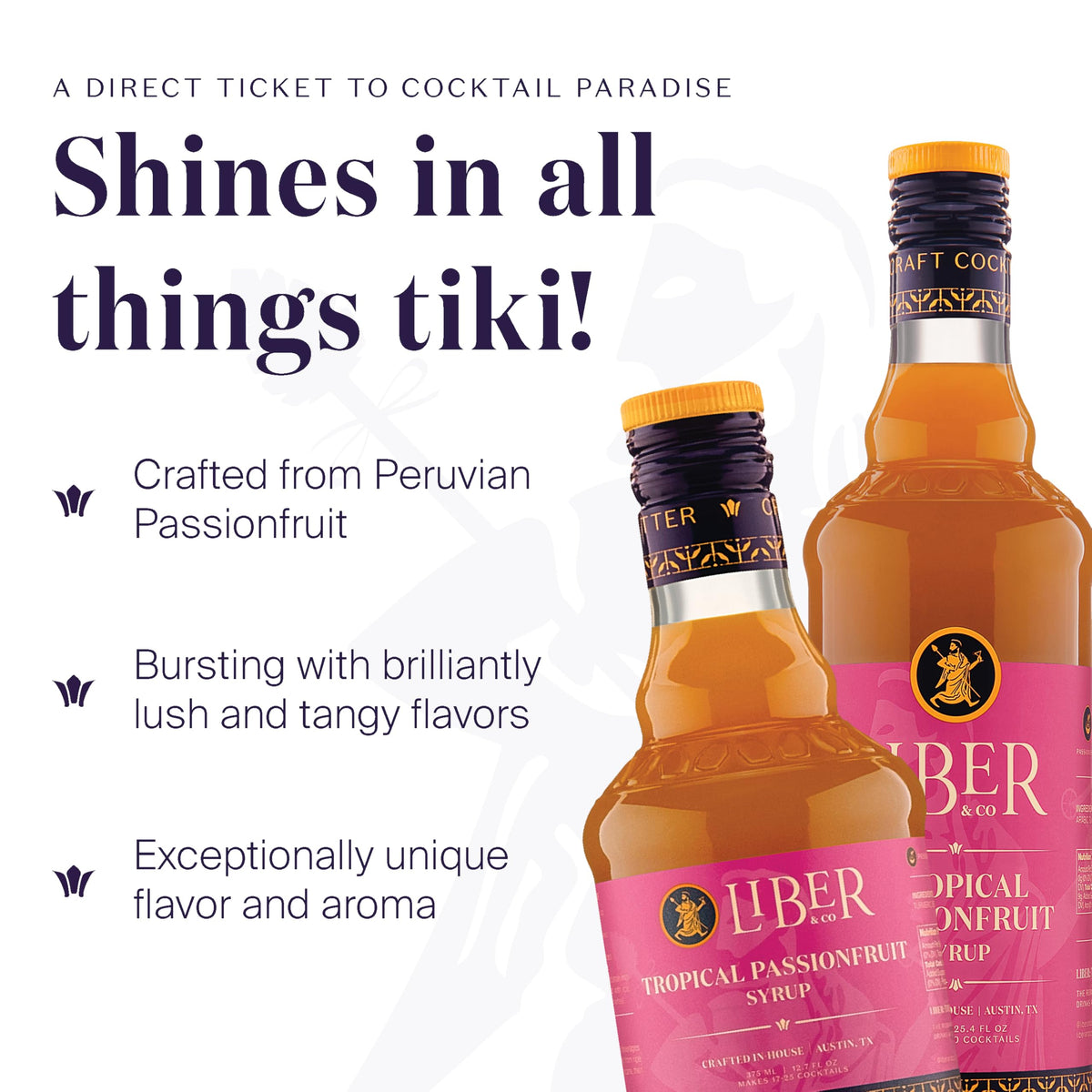 Pouring Liber & Co Tropical Passion Fruit Syrup over ice for vibrant cocktails.