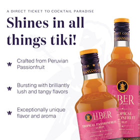 Pouring Liber & Co Tropical Passion Fruit Syrup over ice for vibrant cocktails.