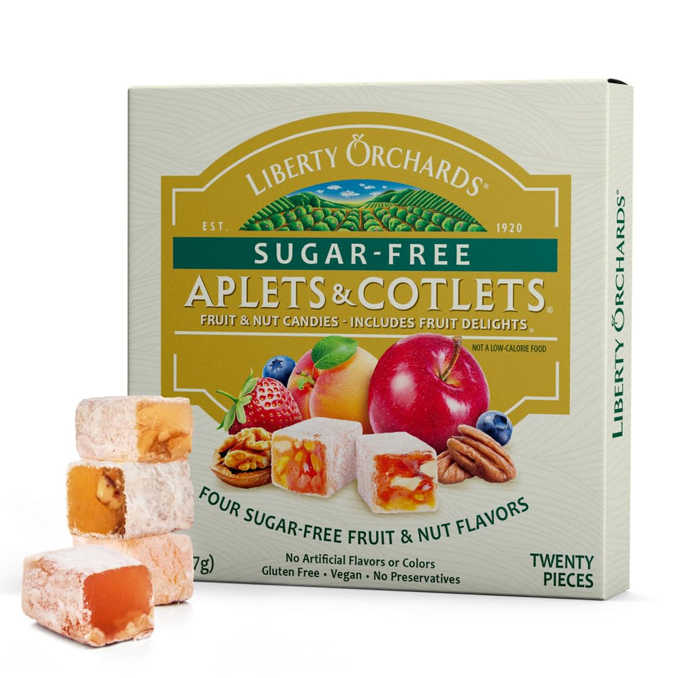 Liberty Orchards Aplets & Cotlets box front, heritage fruit-and-nut candy gift