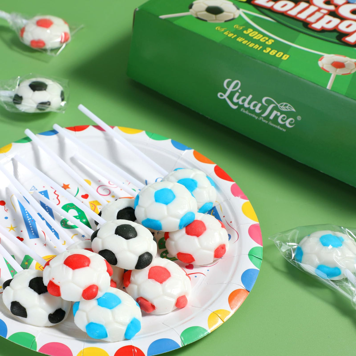 LIDATREE soccer lollipops raspberry close-up, highlights fruity flavor and appealing sheen.