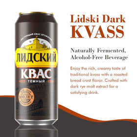 KVASS LIDSKI bread kvass can closeup highlighting earthy notes