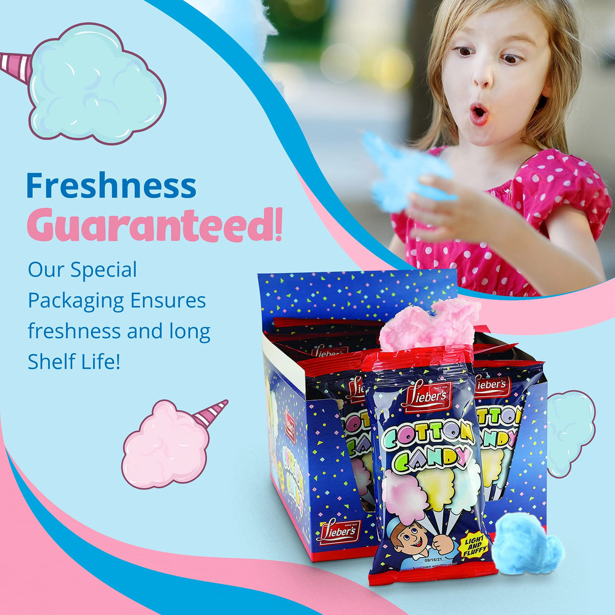 Lieber's packaging preserves freshness in cotton candy bags