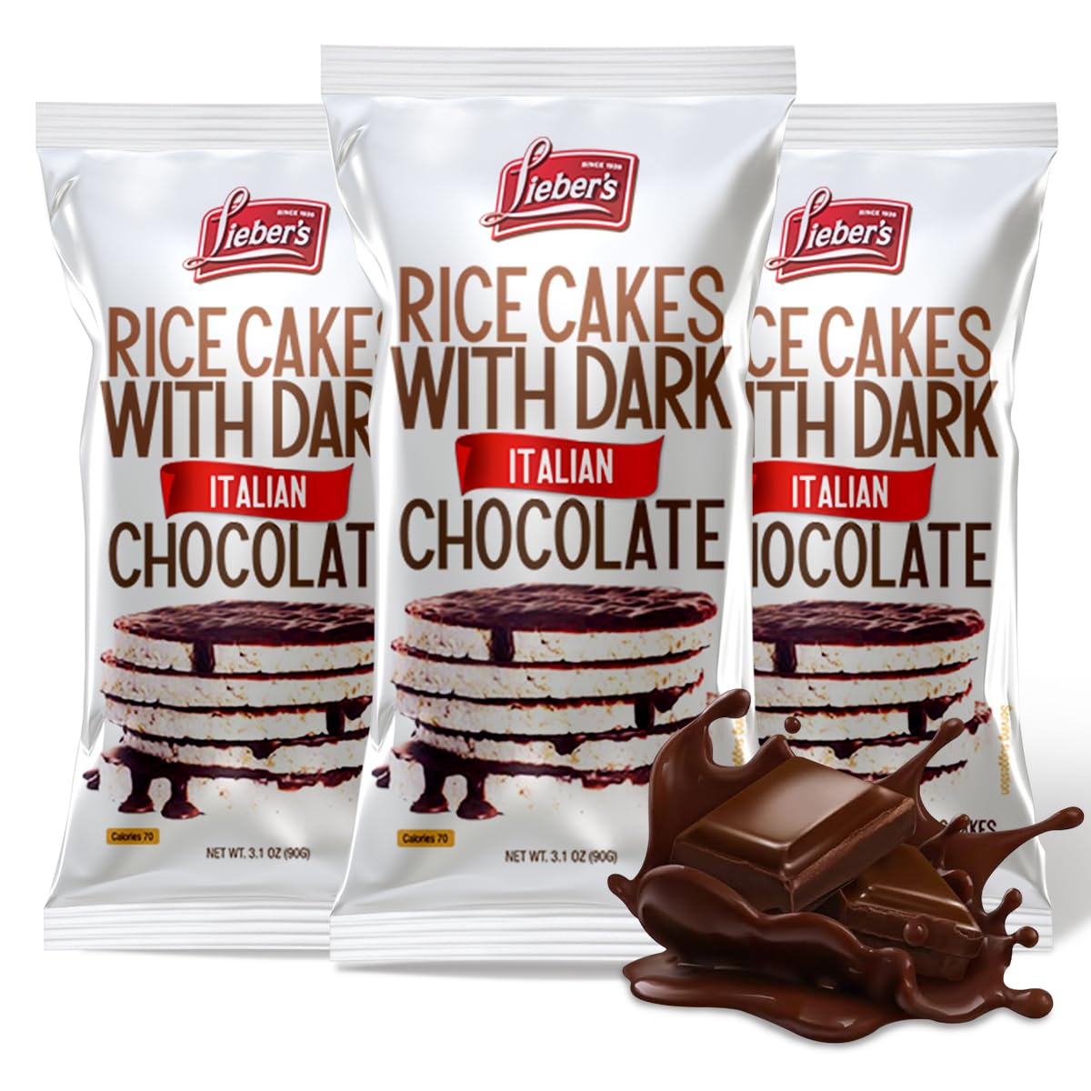 Lieber's dark chocolate rice cakes, pack of 3, ideal for on-the-go snacking.